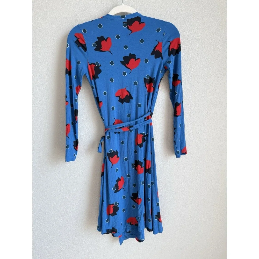 Boden Retro‎ Blue Red Poppy Bloom Floral Jersey Knit Wrap Dress Size 4P Preppy